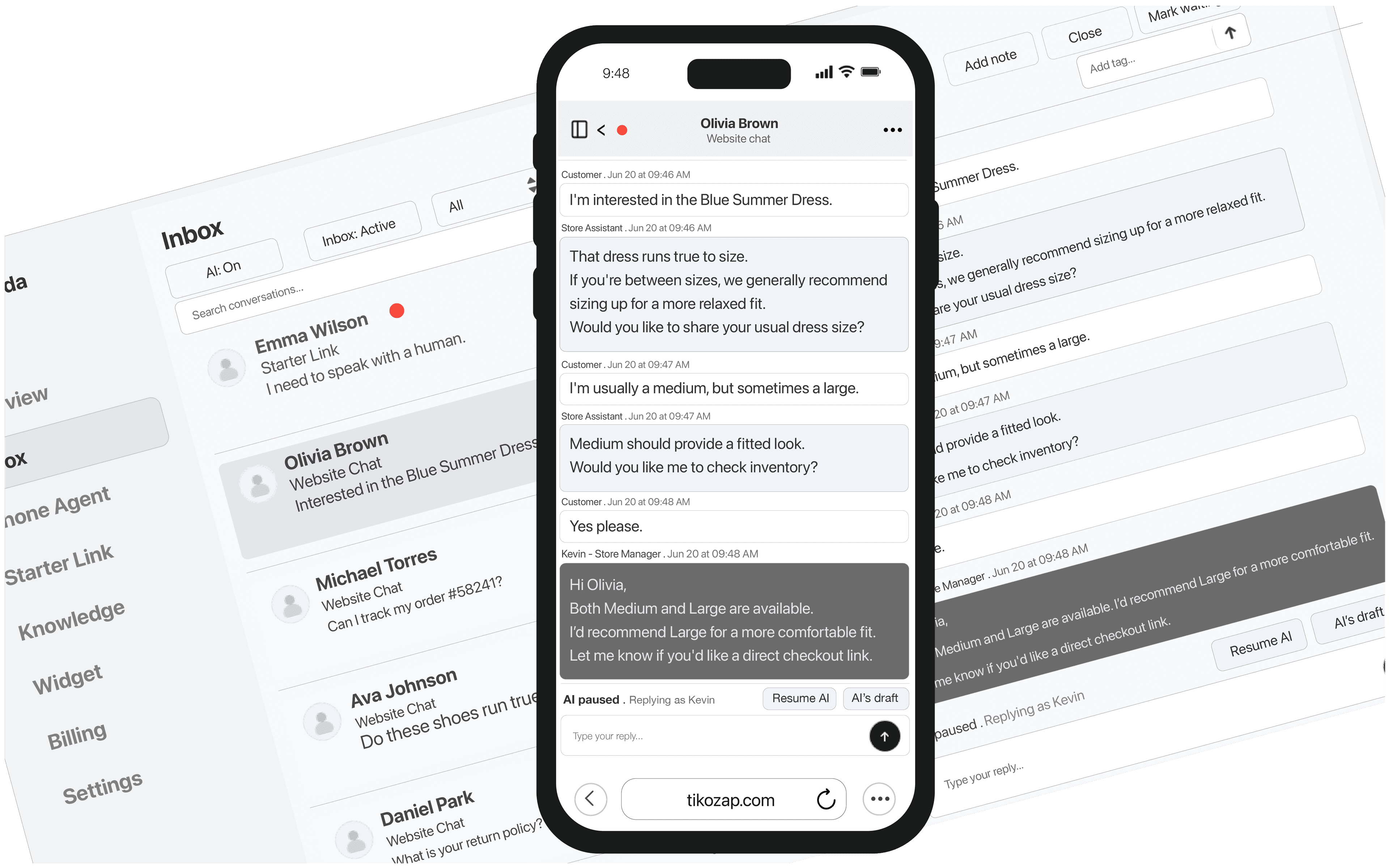 Manage customer conversations from desktop and mobile with human takeover and AI assistance.